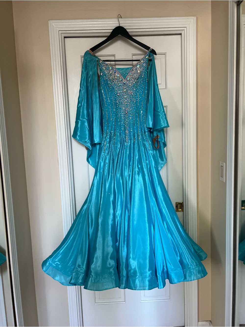 Turquoise Beaded Flowing Ballroom Standard Dress with attachable Wings